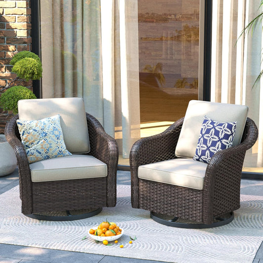 Outdoor Wicker 360 Degree Swivel Glider Rocker Chairs Set, Patio Conversation Furniture Set with Washable Cushions for Garden, Poolside (Beige)