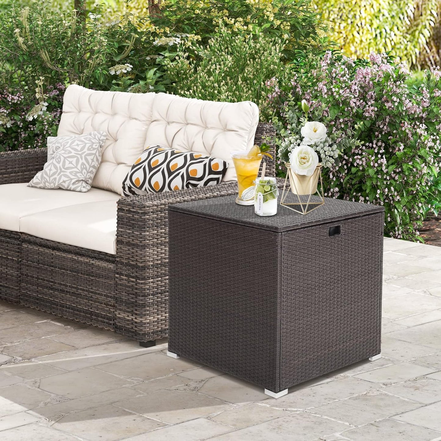 RELAX4LIFE Outdoor Storage Box 72-Gallon - Outside Wicker Storage Bin with Waterproof Zippered Liner, Gas Strut, Package Delivery Boxes for Outside, Accessories, Garden Tools Storage Deck Box