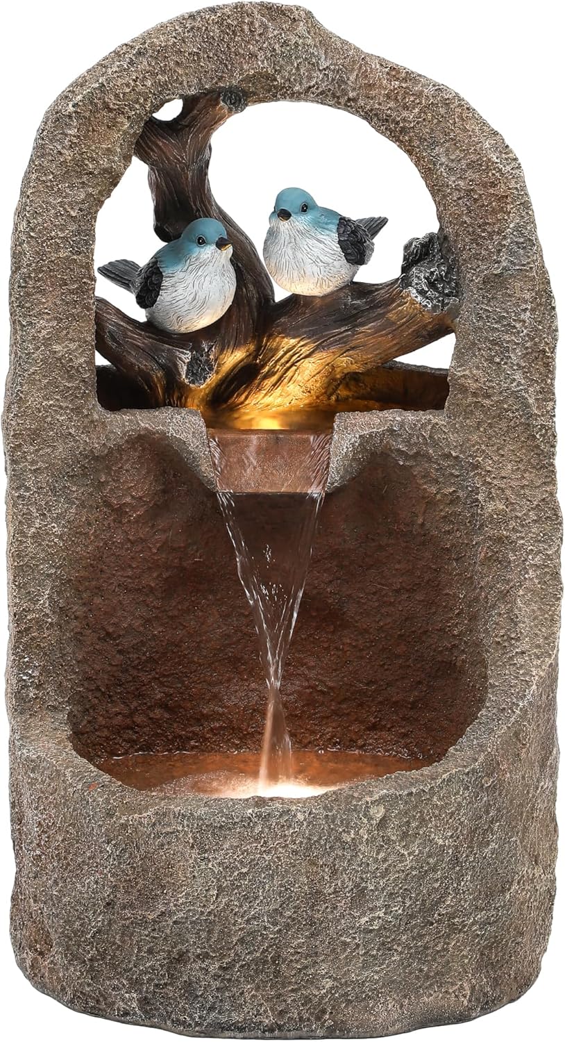 27" Outdoor Water Fountain with LED Lights,2-Tier Bird Natural Zen Garden Fountain, Relaxing Waterfall Floor, Yard, Porch or Deck Decor, Whether-Resistant, Faux Granite Texture