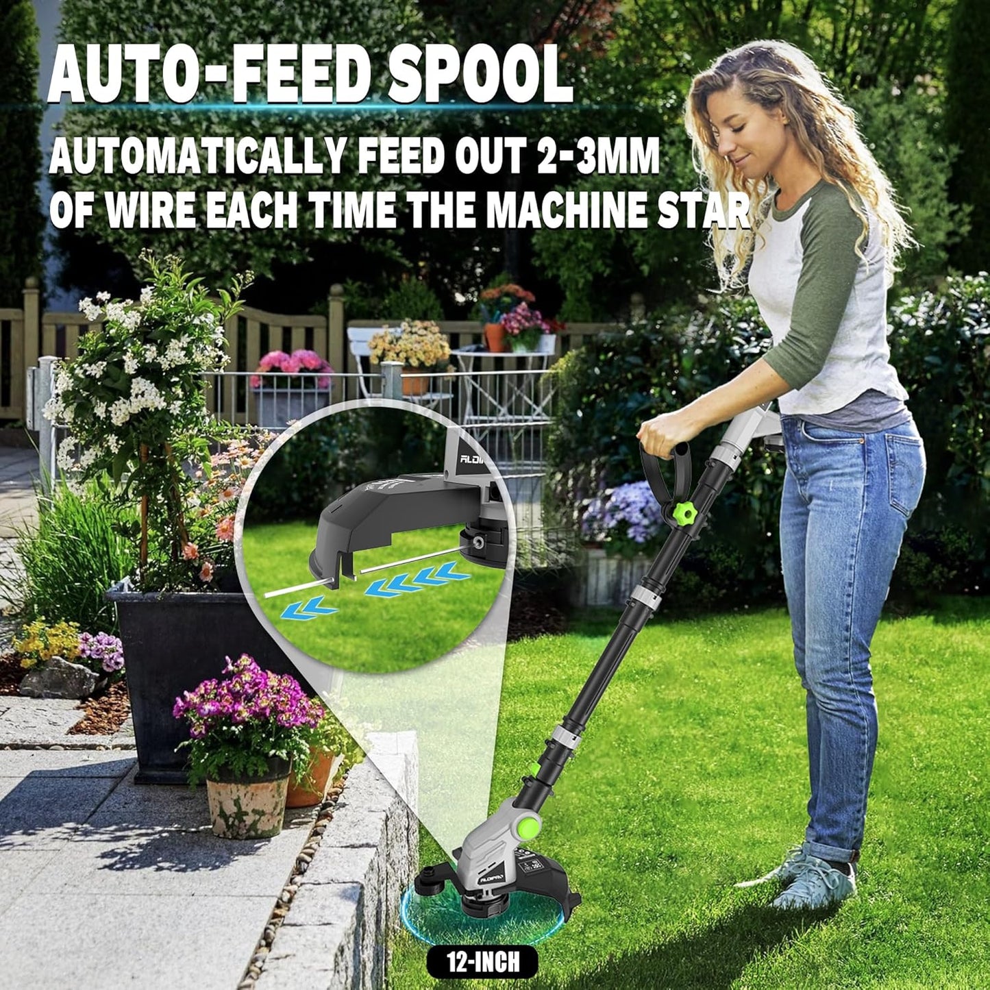 20V Cordless String Trimmer with Auto-Feed - 3 in 1 Electric Weed Wacker with 2.0Ah Battery & Fast Charger, Lightweight Grass Trimmer for Lawn Edging, Garden, Yard (AD-ST-002)