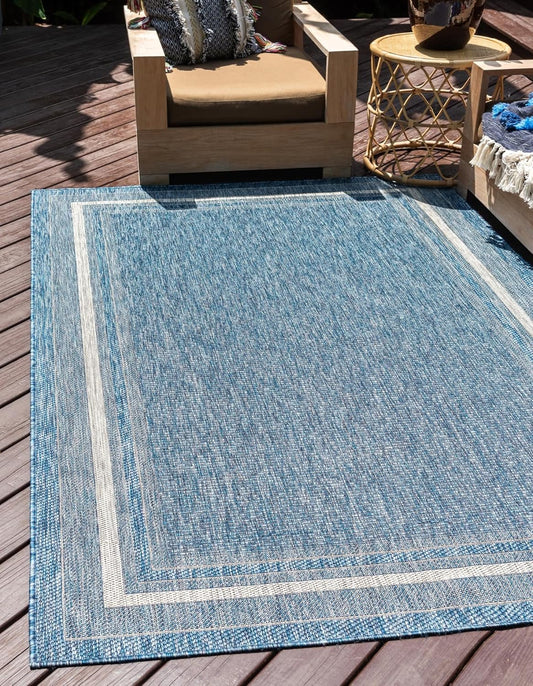Unique Loom Outdoor Border Collection Area Rug - Soft Border (8' x 11' 4" Rectangle, Blue/ Ivory)