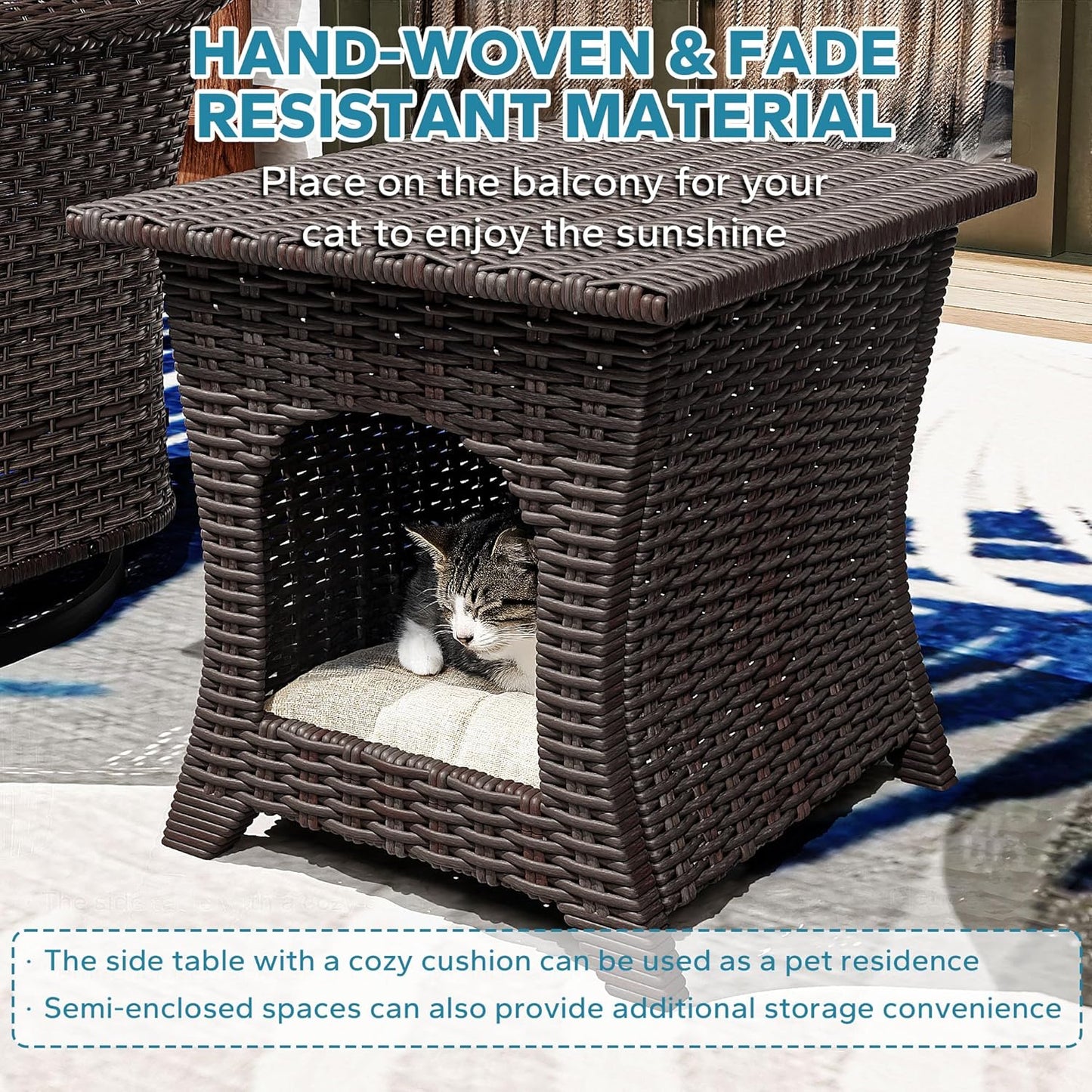 Outdoor Wicker 360 Degree Swivel Glider Rocker Chairs Set of 2 with Cat House Side Table, Patio Conversation Furniture Set with Washable Cushions for Garden, Poolside (Beige)