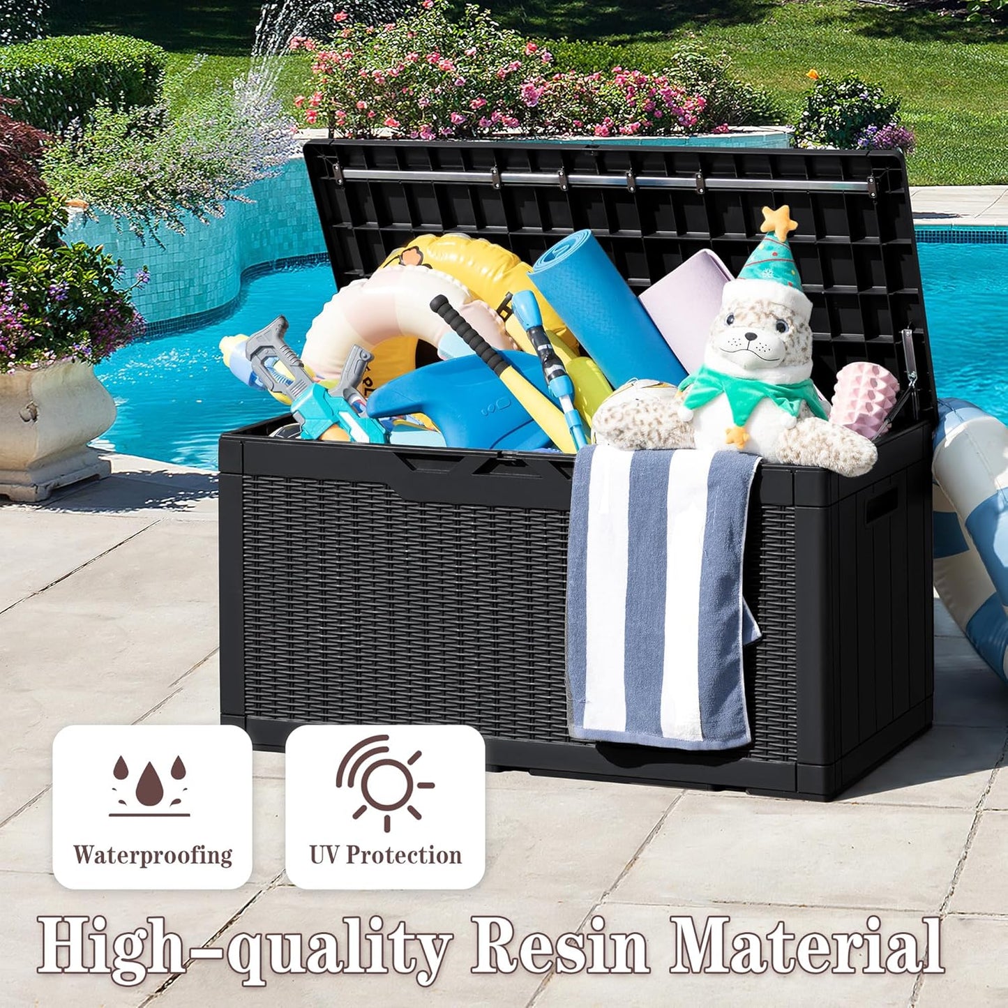 Greesum 100 Gallon Resin Deck Box Large Outdoor Storage Boxes with Cushions for Garden Tools, Patio Furniture Pillows, Pool Supplies, Black