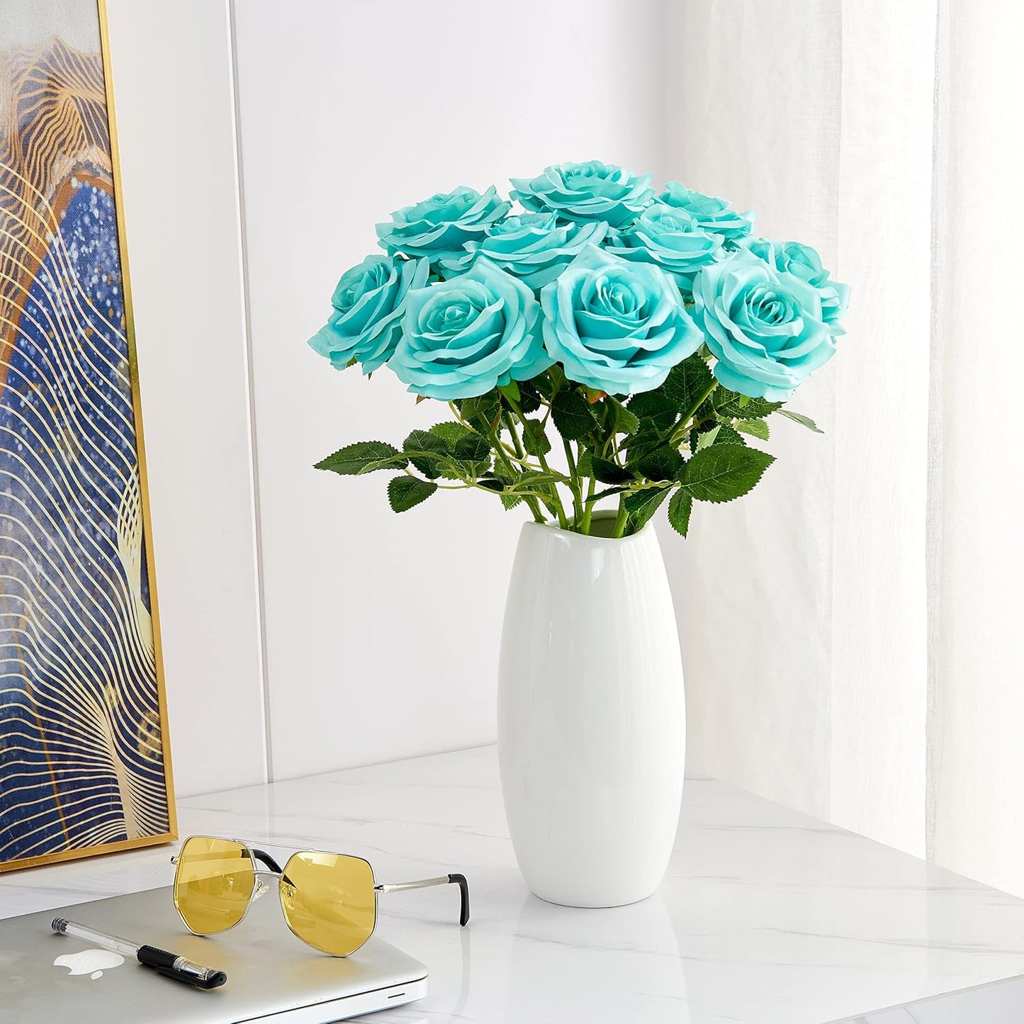 Artificial Rose 10pcs Open Flower Bouquet Faux Rose Stems for Wedding Arrangement, Bridal Bouquet, Centerpiece, Fake Faux Silk Flowers (Tiffany)