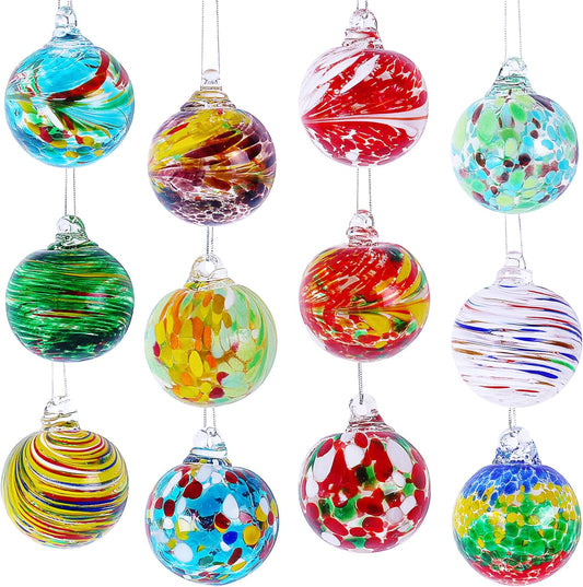 Christmas & Halloween Glass Ball Ornaments (Set of 12), 2.4" Crystal Hand Blown Decor, 2025 Holiday Hanging Baubles Witch Balls for Xmas Tree, Wreath, Garland, Home Decor