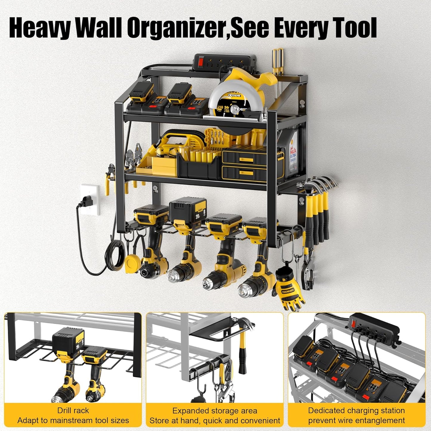 Power Tool Organizer With Charging Station, Heavy Duty Steel 4 Slots, Tool Battery Holder with 4 Outlet Power Strip, Easy To Install Garage Storage Rack for Workshop/Shed Gift For Men