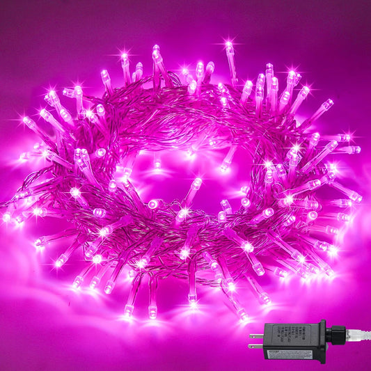 JMEXSUSS Connectable 100 LED Room Lights, 33ft 8 Modes Pink Christmas Lights Clear Wire, Plug in Pink String Lights Indoor Outdoor for Room Decor Christmas Tree Bedroom Valentines Party