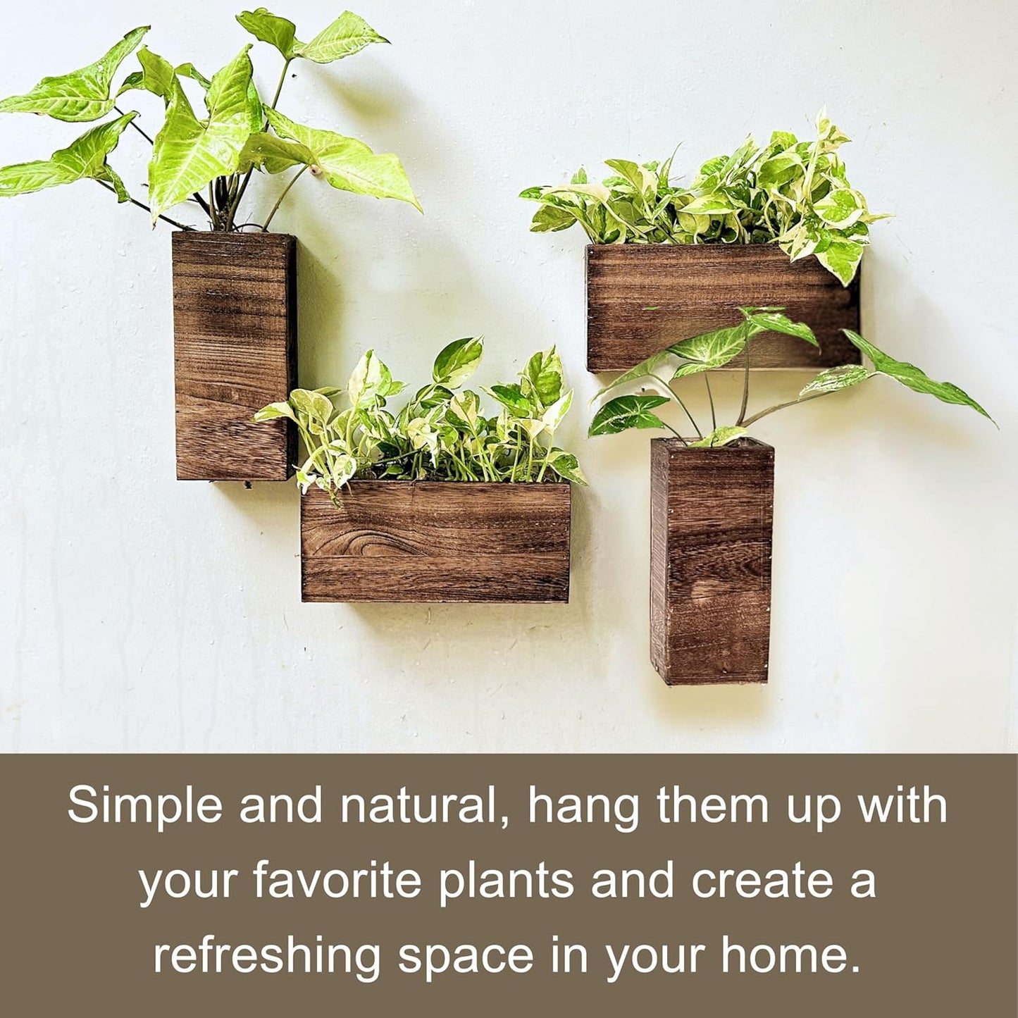 LaLaGreen Wood Planter Box for Plants (4 Pack) Wooden Hanging Wall Planters for Indoor Plant Holder Vase for Dried Flowers, Modern Living Room Bedroom Kitchen Home Office Decor