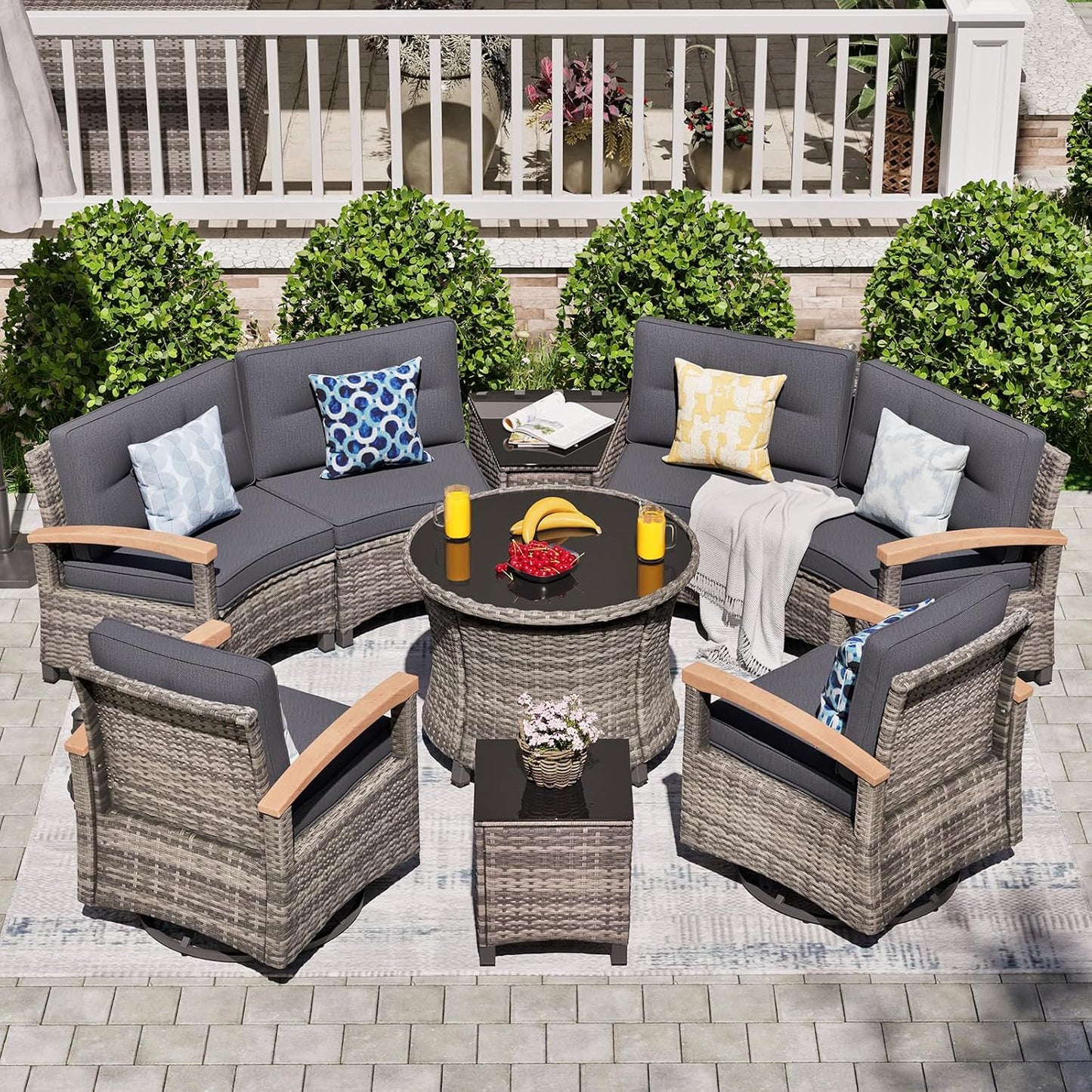 9 Piece Outdoor Patio Furniture Set, Half-Moon Curved Sectional Sofa Rattan Conversation Set with 2 Wood Armrests Swivel Rocker Chairs, Round Coffee Table & Side Table（Grey）