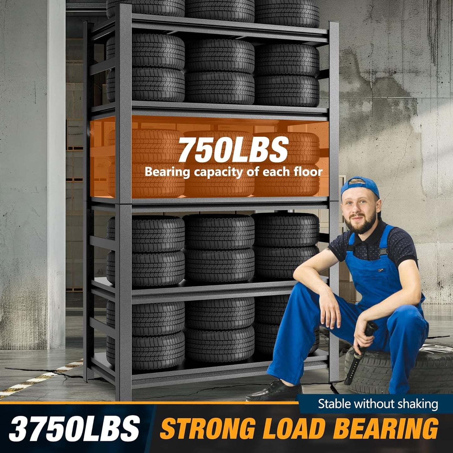 Heavy Duty Commercial Metal Garage Shelving Rack,Adjustable Industrial Steel Storage Shelves for Warehouse, Garage, Basement, 87" H x 47.2" W x 23.6" D, Black