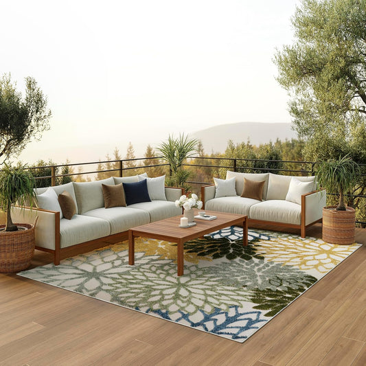 Nourison Home Aloha Indoor/Outdoor Green Multicolor 9' x 12' Area Rug, Easy-Cleaning, Non Shedding, Bed Room, Living Room, Dining Room, Backyard, Patio, Deck (9x12)