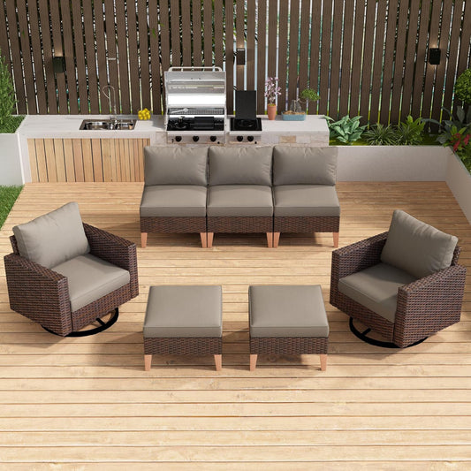 HUMMUH 7 Pieces Patio Furniture,Outdoor Modular Sectional Couch Swivel Rocking Chairs with Ottomans,All Weather PE Wicker Patio Conversation Sets for Garden Porch Backyard