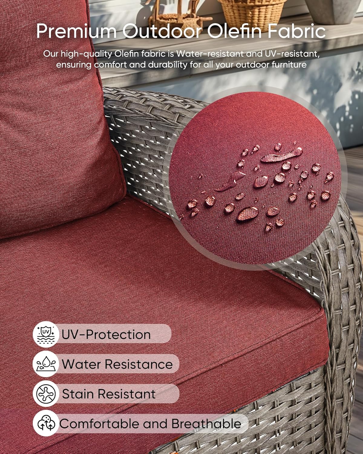 HUMMUH Outdoor Patio Couch-Outdoor Rattan Couch with Thick Cushions Outdoor Sofa for Deck Lawn Porch Balcony Poolside-Grey/Red