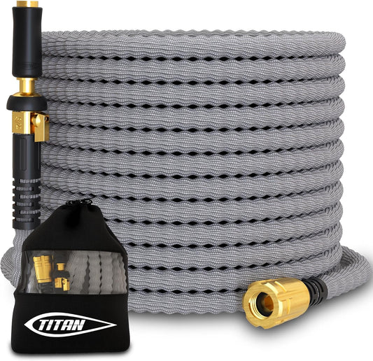 TITAN Flexible Garden Hose 20FT – Ultra Lightweight, Heavy Duty Water Hose with Brass Fittings & Jet Nozzle – Kink-Free, Non-Expanding, Durable Fabric Hose for Yard, Lawn, Car Wash, Outdoor Use