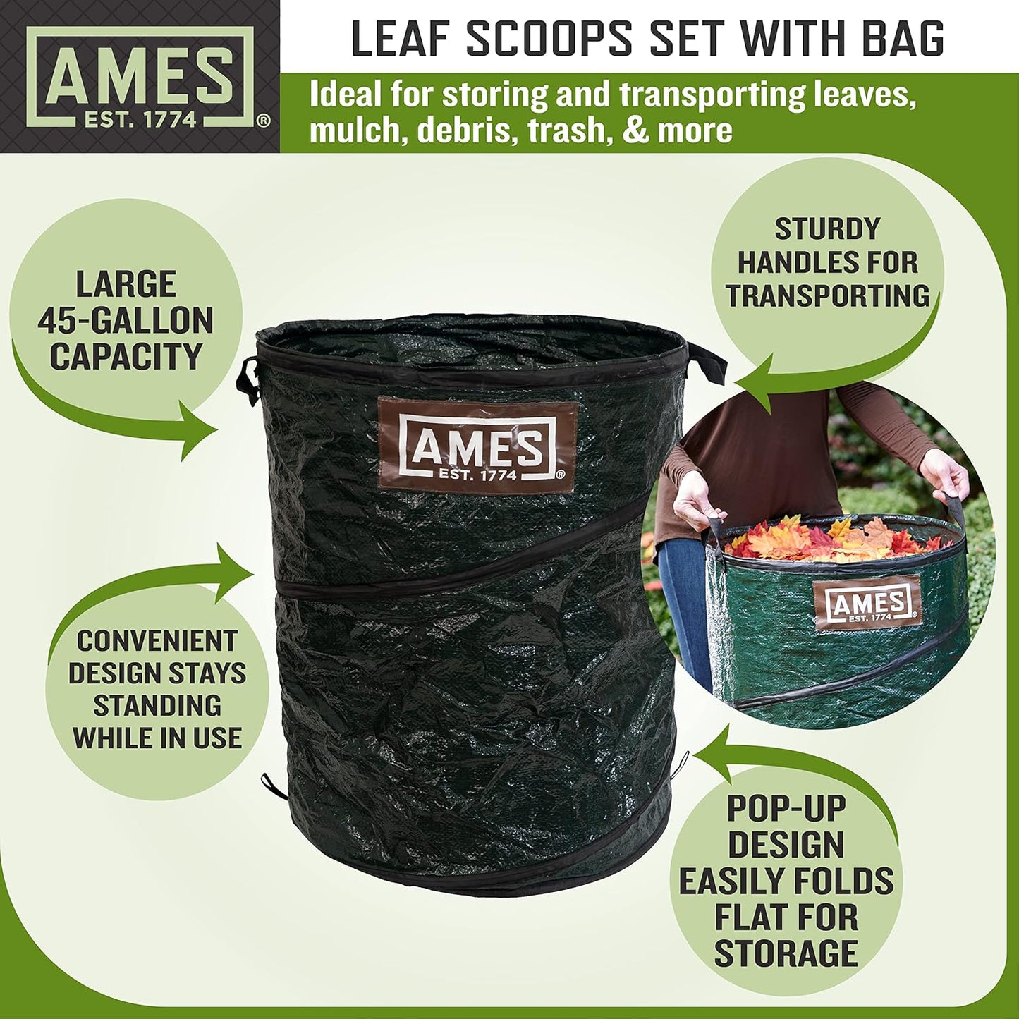 AMES Leaf Scoops Hand Rake Set with Collapsible Pop-Up Garden Waste Bag for Collecting Leaves, Mulch and Debris