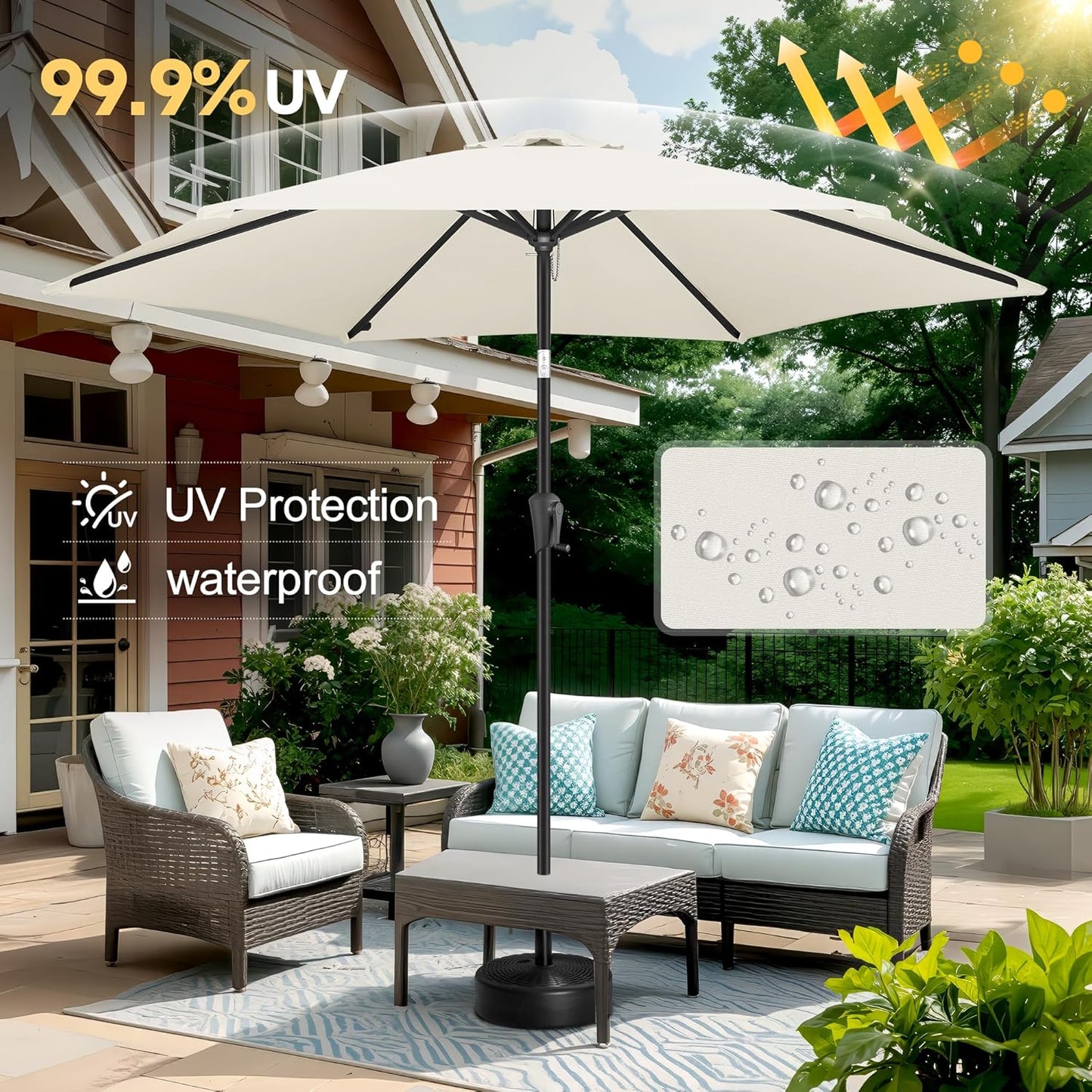 FLAME&SHADE 10ft Patio Umbrella - Outdoor Umbrella with 6 Sturdy Ribs, Push Button Tilt and Crank, UV Protection Table Market Umbrella for Pool, Porch，Garden, Deck, Backyard (Ivory)