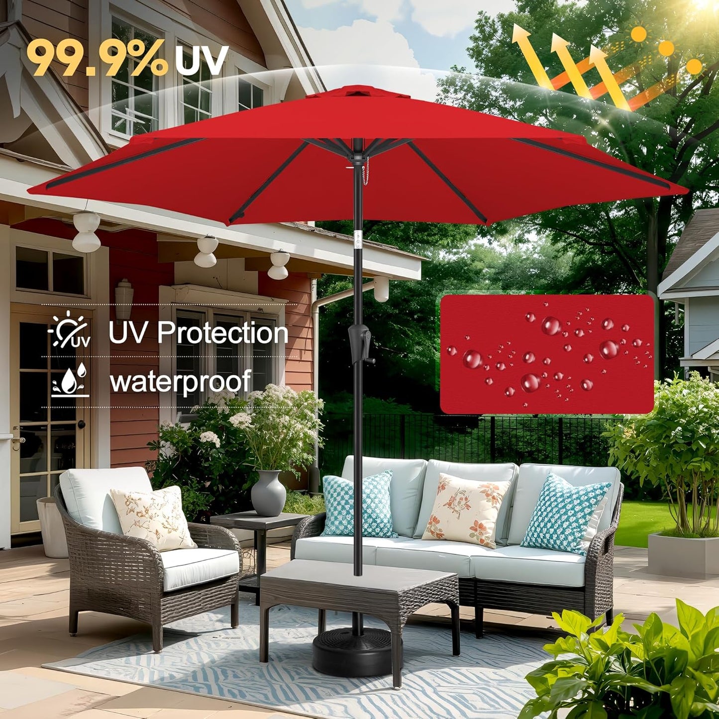 FLAME&SHADE 10ft Patio Umbrella - Outdoor Umbrella with 6 Sturdy Ribs, Push Button Tilt and Crank, UV Protection Table Market Umbrella for Pool, Porch，Garden, Deck, Backyard (Red)