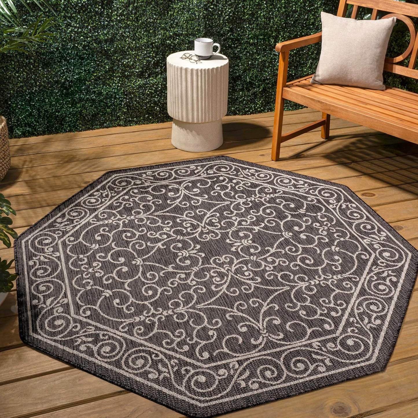 JONATHAN Y SMB106G-5TGN Charleston Vintage Filigree Textured Weave Black/Gray 5' Octagon Indoor/Outdoor Area Rug, Non-Shedding, Stain Resistant,Fade Resistant, Easy-Cleaning for Backyard Patio, Porch