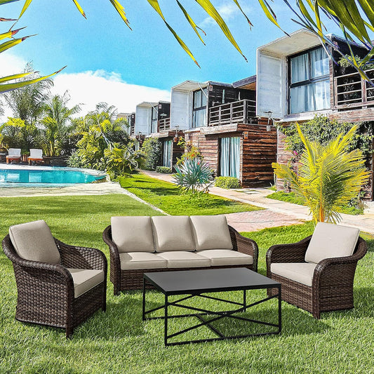4 Pieces Patio Outdoor Conversation Furniture Set, 78" 3-Seat Couch, 2 Chairs, 47" Metal Coffee Table, Rattan Wicker Sofa with Washable Cushions for Garden, Deck (Beige)