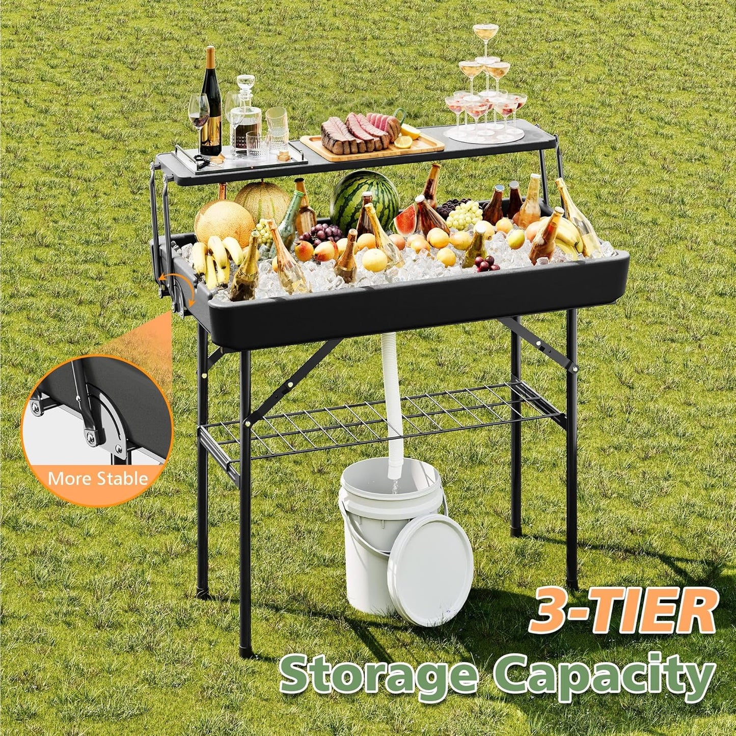 Outdoor Ice Cooler Folding Table with Extra Storage Shelf,Ice Tables for Parties with Drain,Cooler Server for Camping, Picnic, Wedding, BBQ, Black