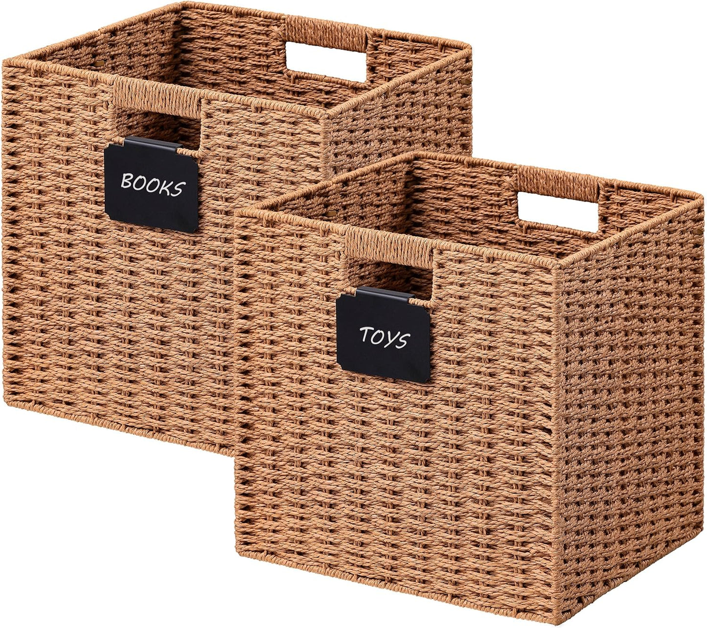UBBCARE 2 Pack Wicker Basket, 10.5×10.5 Storage Cubes with Label, Foldable Cube Storage Bin with Handle, Square Storage Basket for Shelves, Woven Paper Rope Basket for Organizing, Caramel